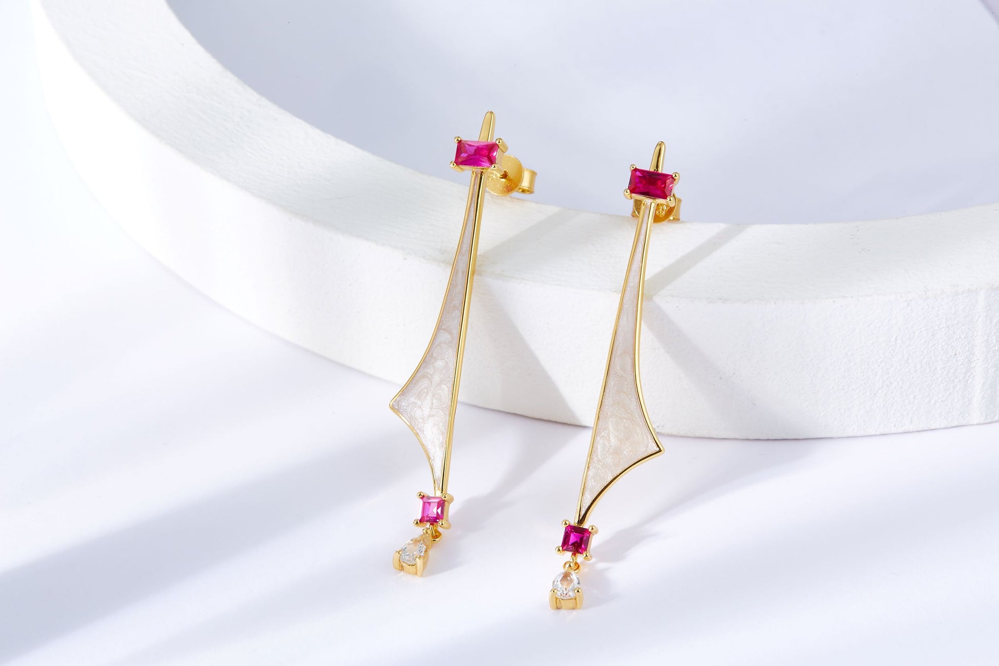 Golden Sailboat Enamel Ruby Drop Earrings for Women