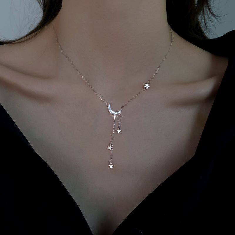 Zircon Star Moon Tassel Silver Necklace for Women