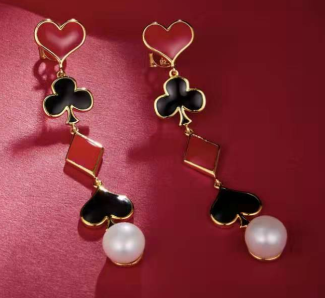 Poker Enamel with Pearls Drop Earrings for Women