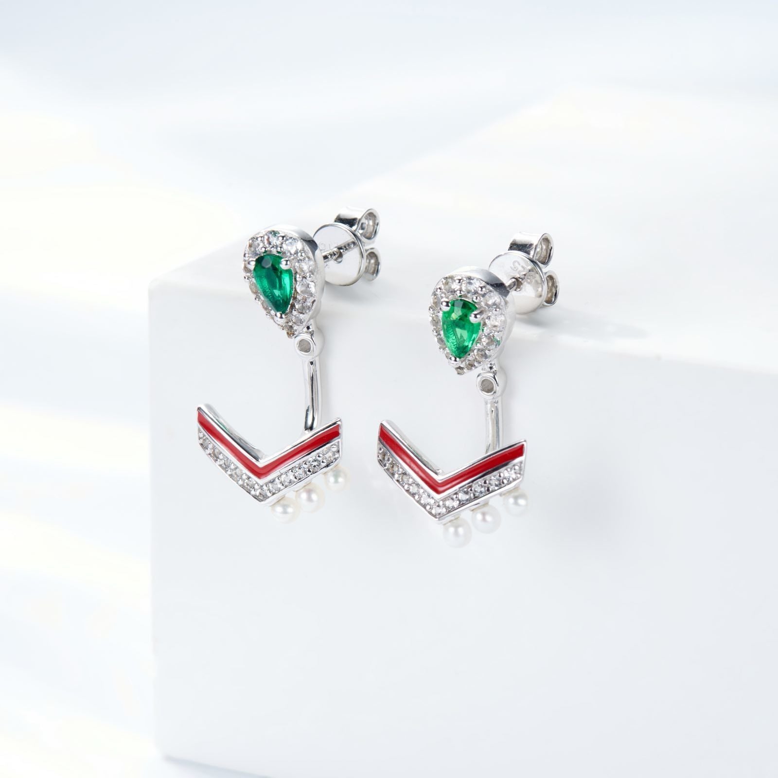 Emerald Colour Enamel with Pearl Silver Drop Earrings for Women