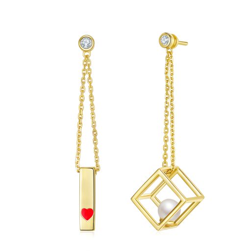 Golden Cube of Love Enamel Drop Earrings for Women