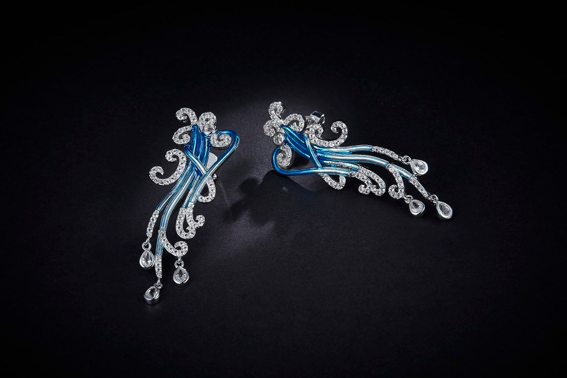 Blue Spoondrift Enamel Silver Drop Earrings for Women