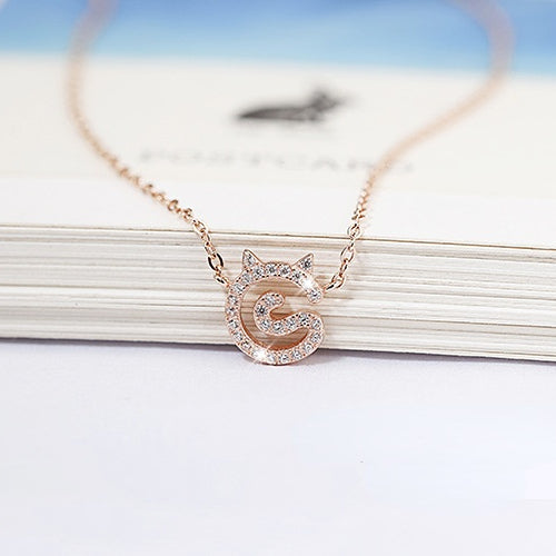 Zircon Cute Cat Pendant Silver Necklace for Women