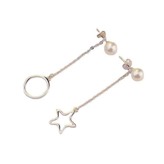 Circle Star Tassle with Pearl Asymmetrical Silver Drop Earrings for Women