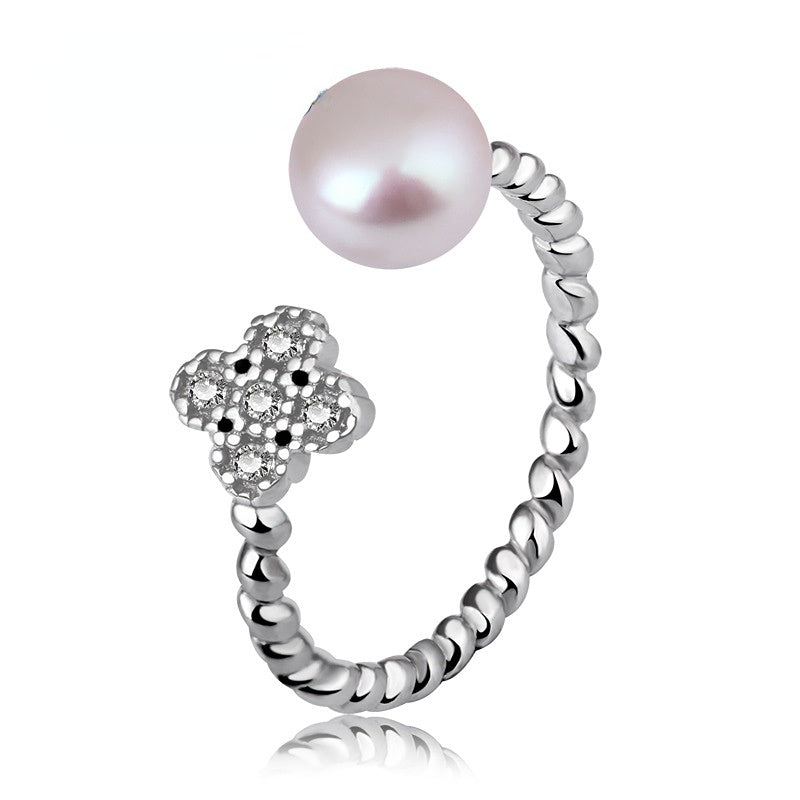 Zircon Lucky Clover with Pearl Opening Silver Ring for Women