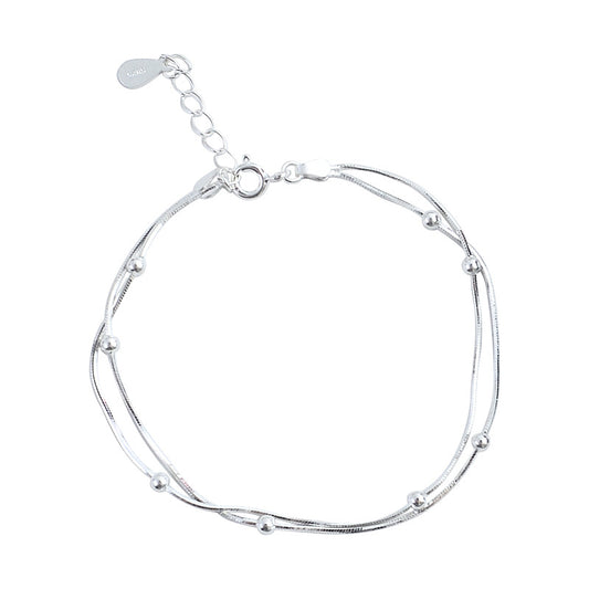 Double Layers Snakebone Chain with Round Beads Silver Bracelet for Women