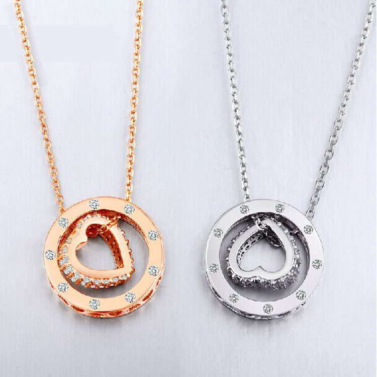 Valentine's Day Gift  Zircon Circle with Heart Shape Silver Necklace for Women