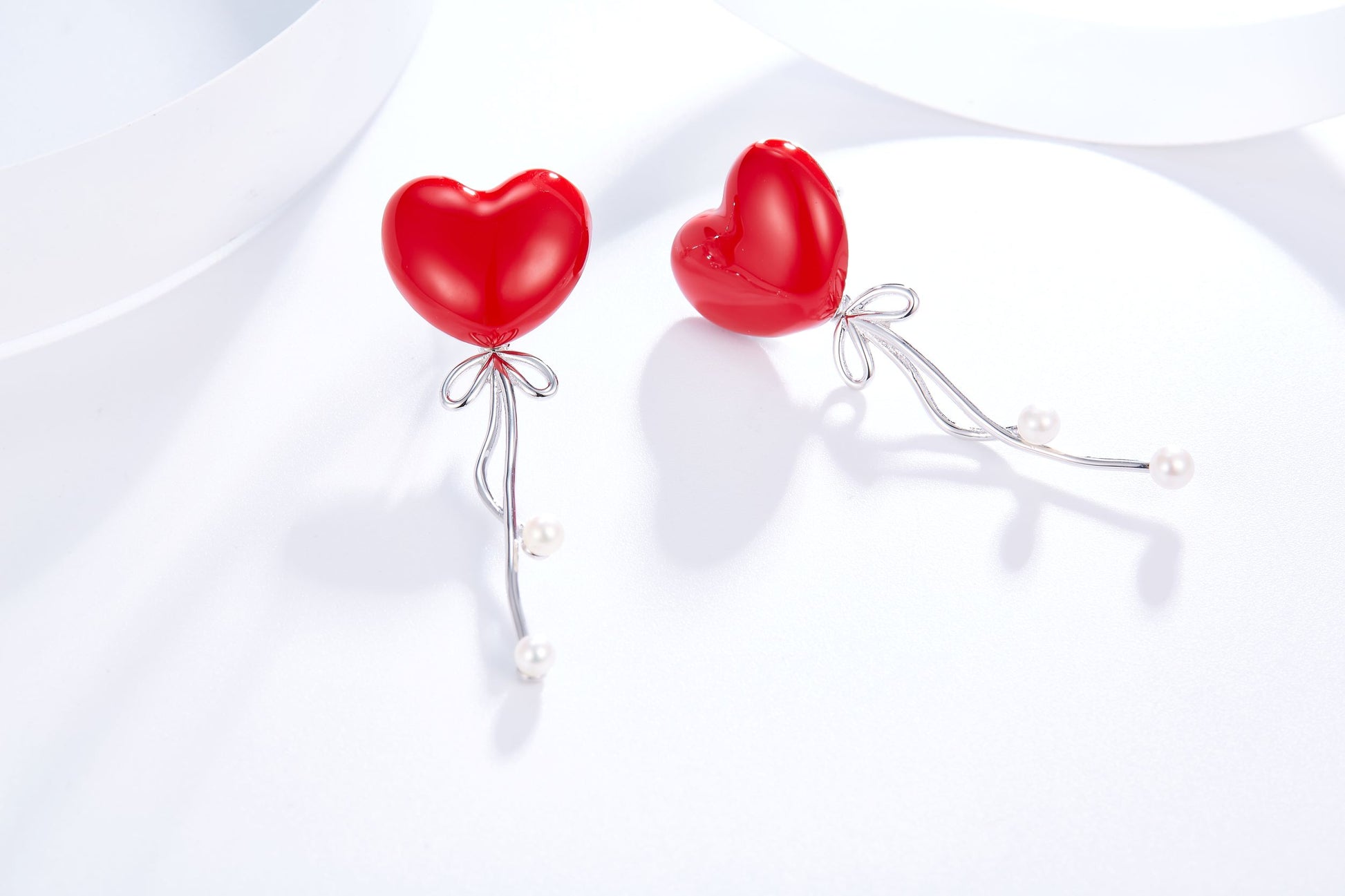 Red Heart Balloon Enamel with Pearl Silver Earrings for Women