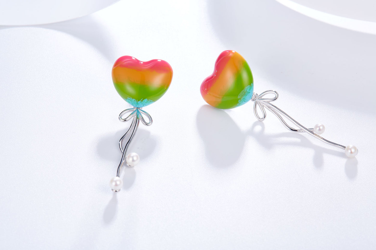 Colourful Heart Balloon Enamel with Pearl Silver Earrings for Women