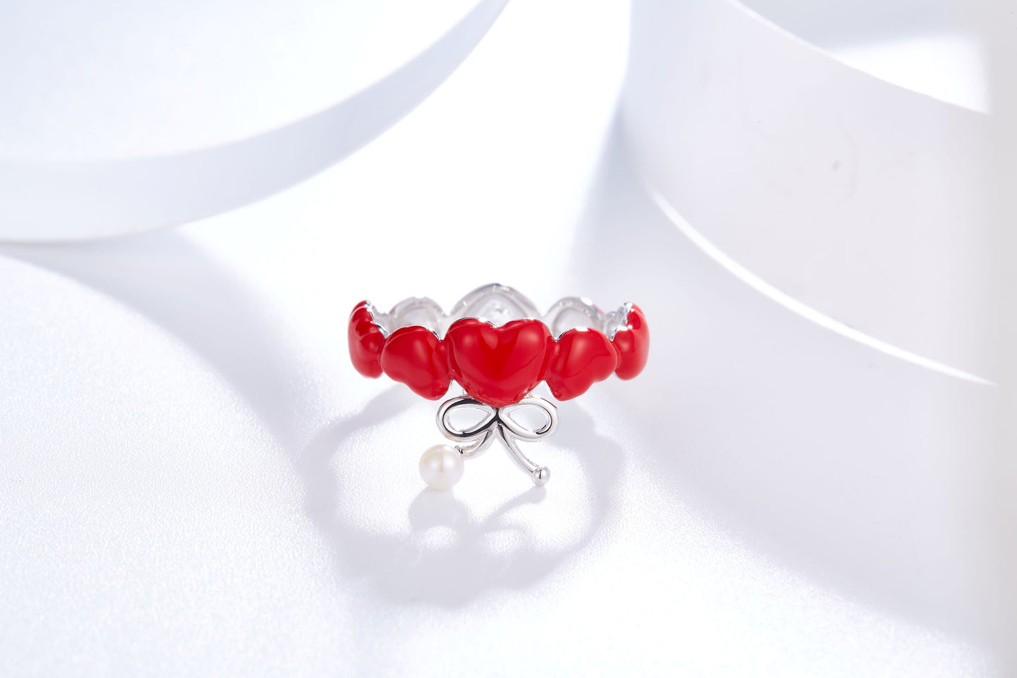 Red Heart Balloon Enamel with Pearl Silver Ring for Women