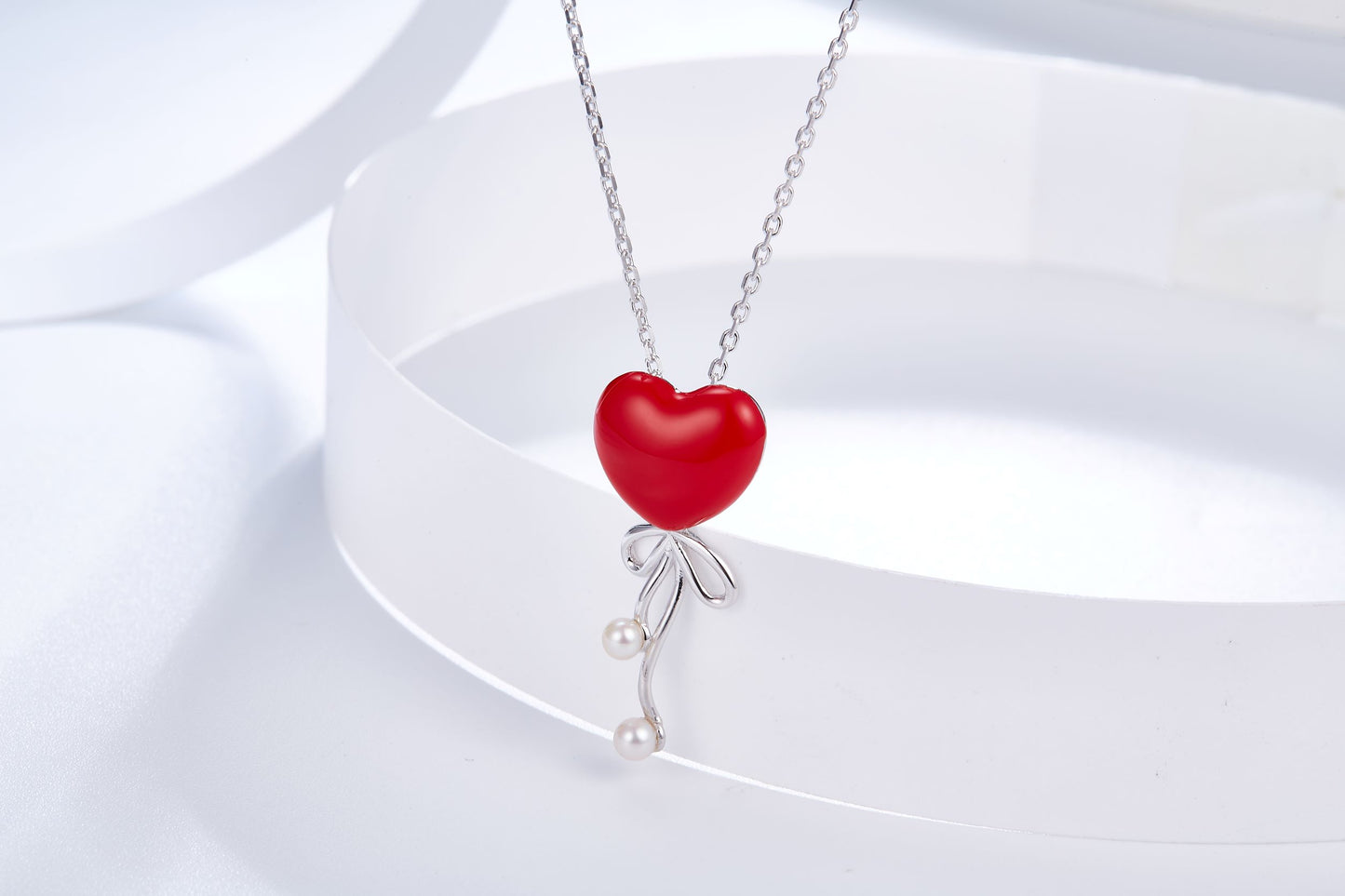 Red Heart Balloon Enamel with Pearl Silver Necklace for Women