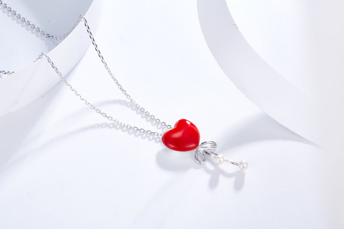 Red Heart Balloon Enamel with Pearl Silver Necklace for Women