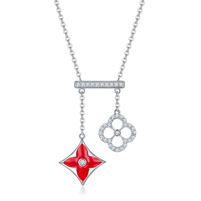 Red Clover Enamel Silver Necklace for Women