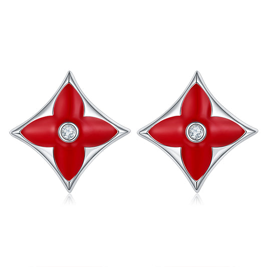 Red Clover Enamel Silver Studs Earrings for Women