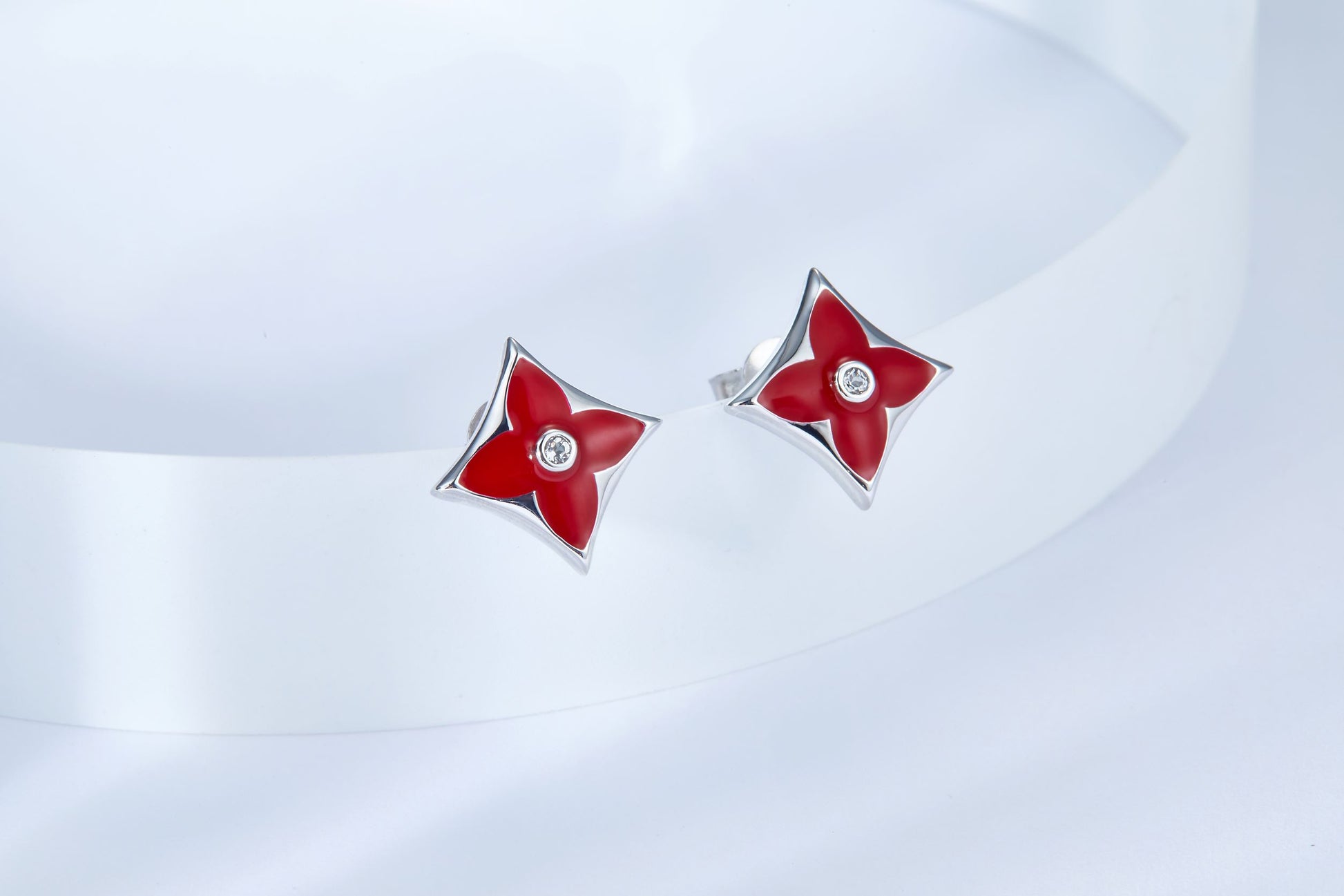 Red Clover Enamel Silver Studs Earrings for Women
