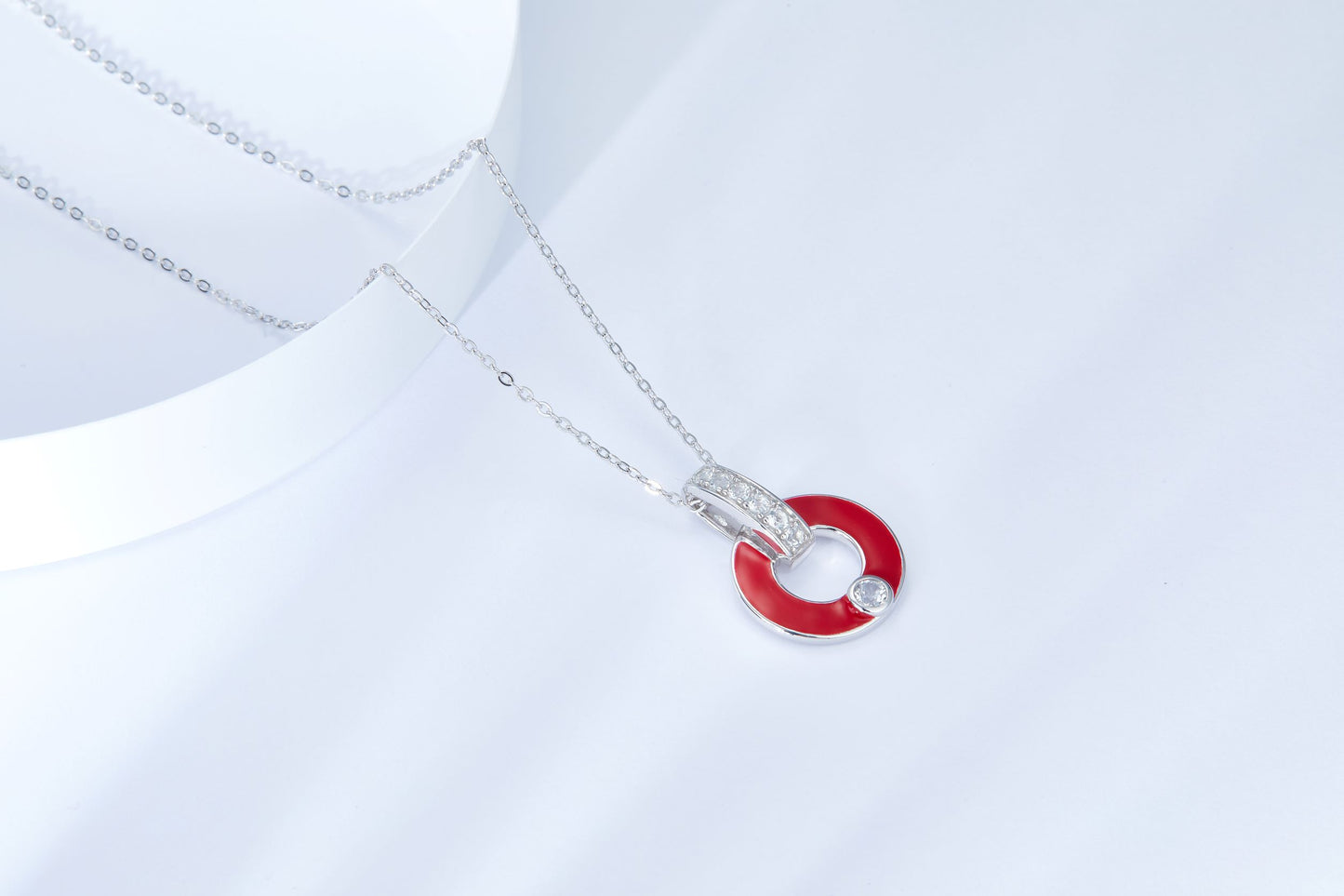 Red Circle Enamel Silver Necklace for Women
