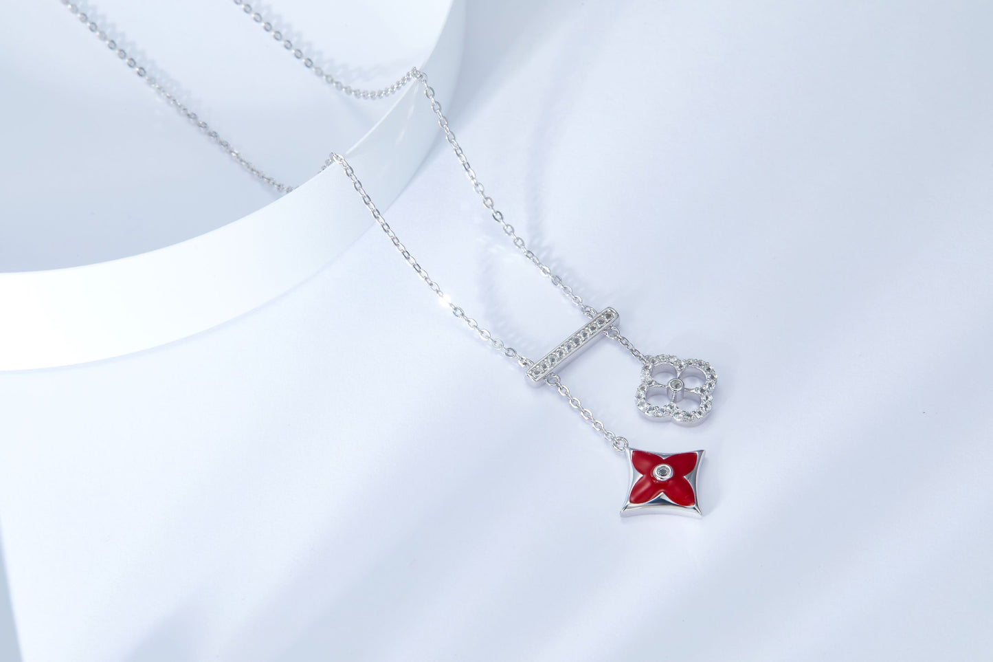 Red Clover Enamel Silver Necklace for Women