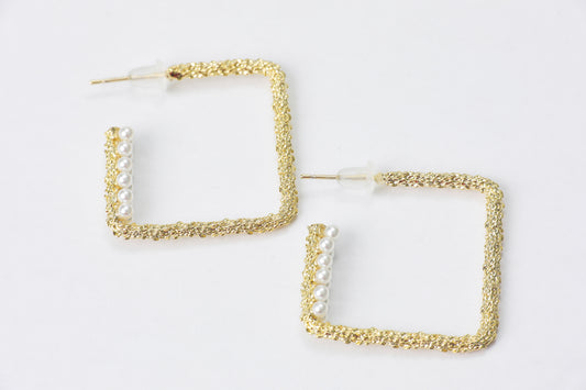 Golden Pearl Block Style Hoops - Golden Hoops for Women
