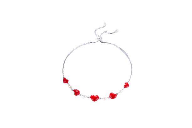 Red Heart Balloon Enamel with Pearl Silver Bracelet for Women