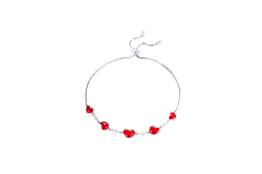 Red Heart Balloon Enamel with Pearl Silver Bracelet for Women