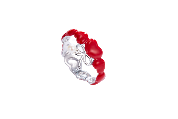 Red Heart Balloon Enamel with Pearl Silver Ring for Women