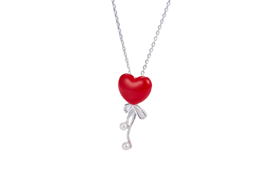 Red Heart Balloon Enamel with Pearl Silver Necklace for Women