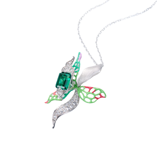 Butterfly Orchid Enamel Silver Necklace for Women