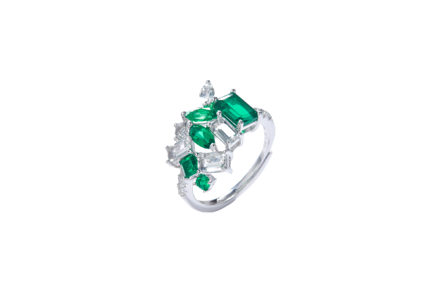 Emerald Colour Enamel with Zircon Sliver Ring for Women