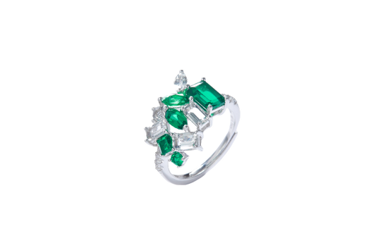 Emerald Colour Enamel with Zircon Sliver Ring for Women
