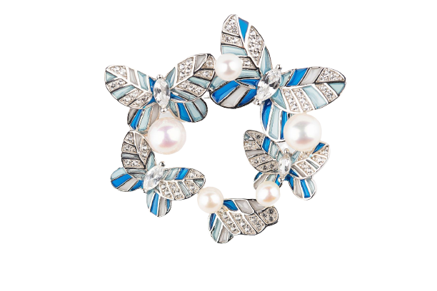 Butterflies Enamel with Pearl Silver Pendant Brooch and Necklace for Women