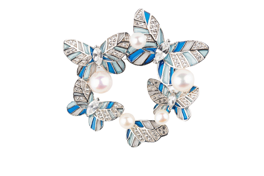 Butterflies Enamel with Pearl Silver Pendant Brooch and Necklace for Women