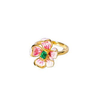 Golden Peach Blossom Enamel Ring for Women