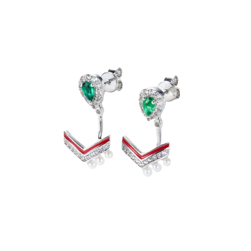 Emerald Colour Enamel with Pearl Silver Drop Earrings for Women