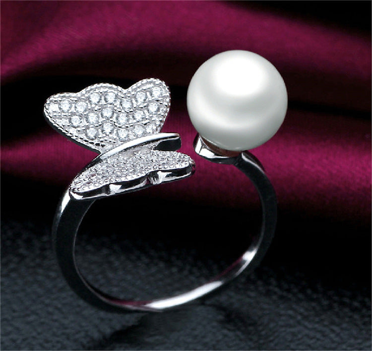 Zircon Butterfly with Freshwater Pearl Silver Ring
