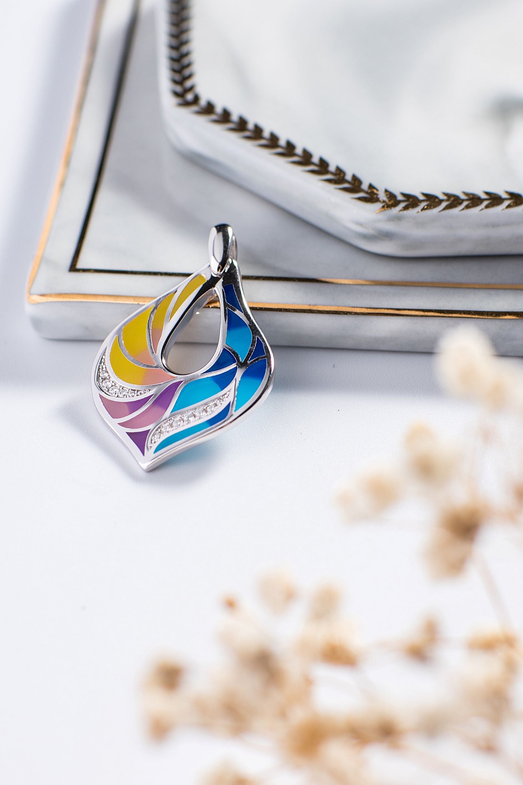 (Pendant Only) Colourful Veins of Leaf Enamel Silver Pendant for Women
