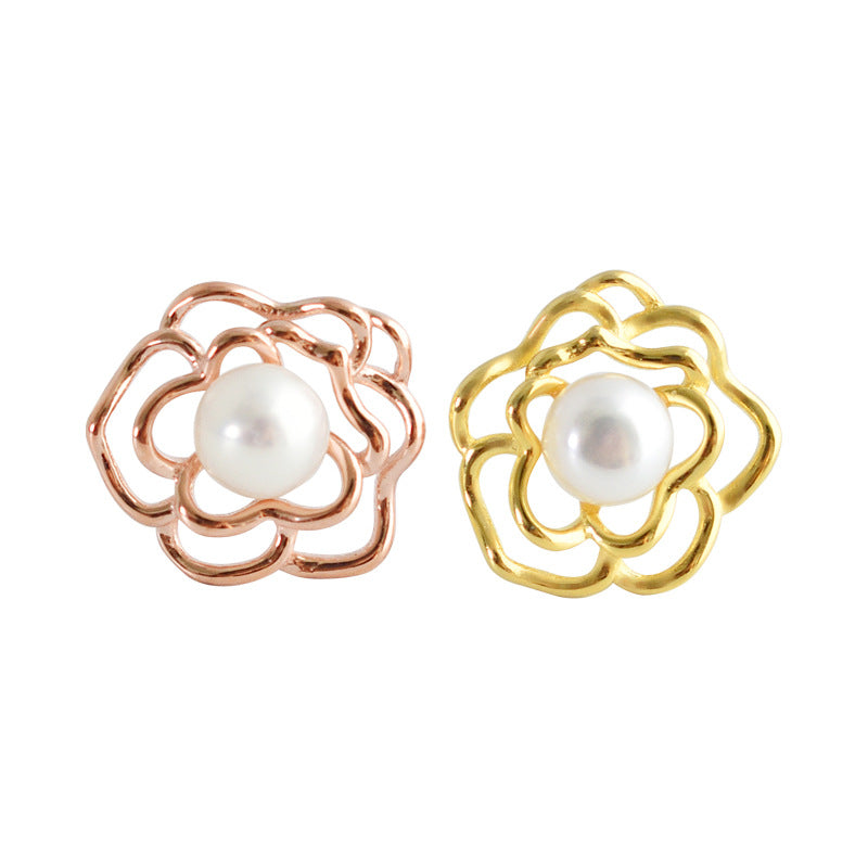 Hollow Rose Petal with Freshwater Pearl Silver Stud Earrings for Women