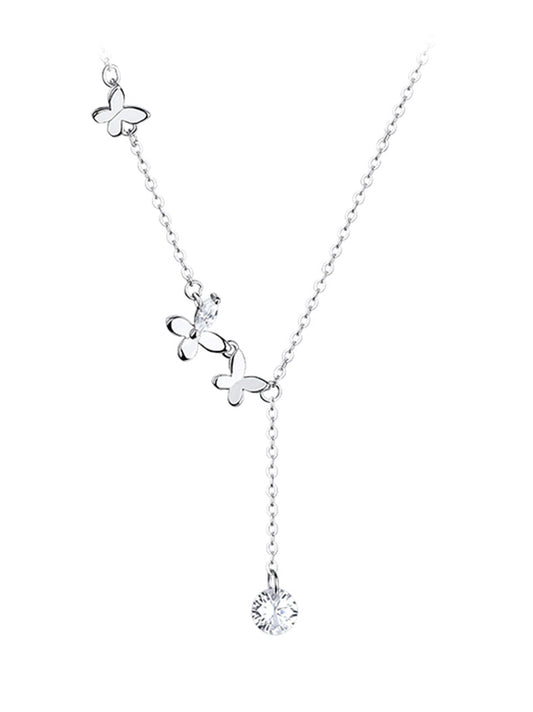 Butterfly with Round Zircon Tassle Silver Necklace for Women