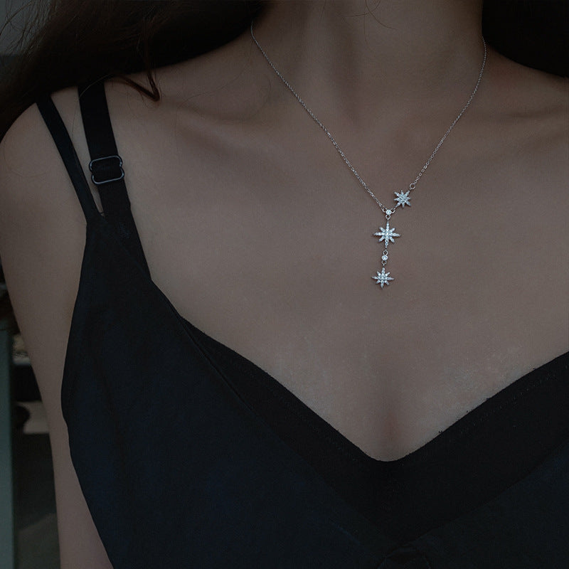 Three Zircon Star Silver Necklace for Women