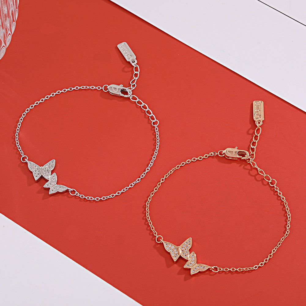 Double Zircon Butterflies Silver Bracelet for Women