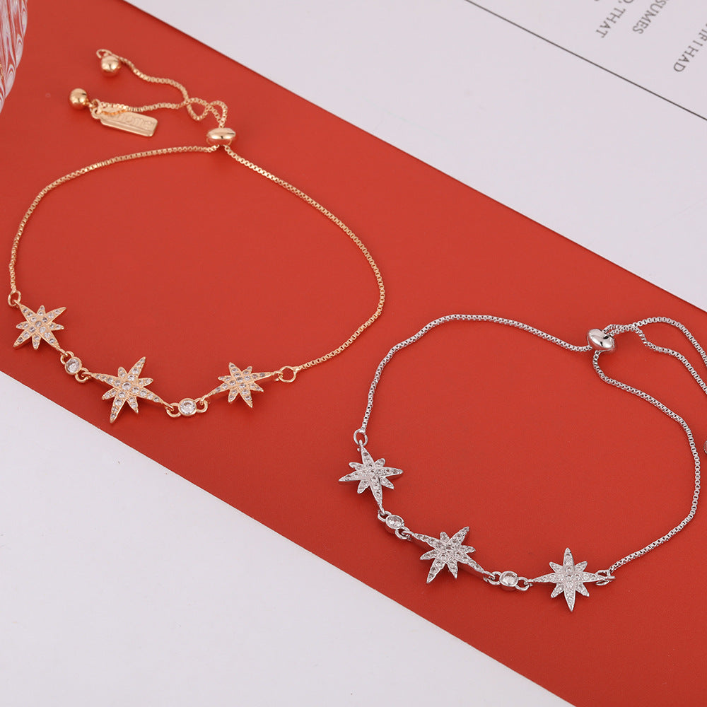 Three Zircon Octagonal Stars Silver Bracelet for Women