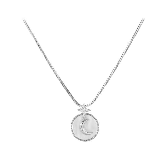 Mother-of-pearl with Moon Star Circle Pendant Silver Necklace for Women