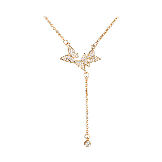 Three Zircon Butterflies Tassels Silver Necklace for Women