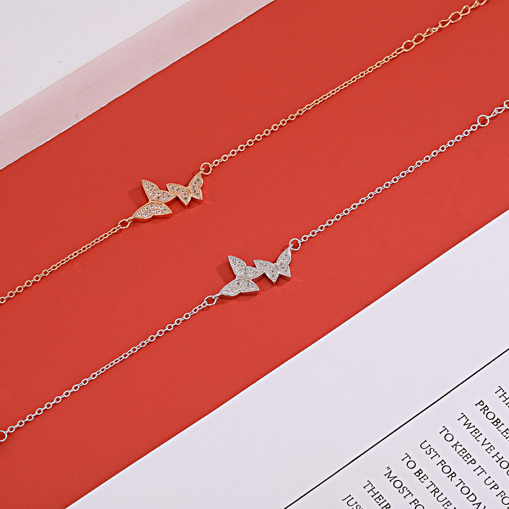 Double Zircon Butterflies Silver Bracelet for Women