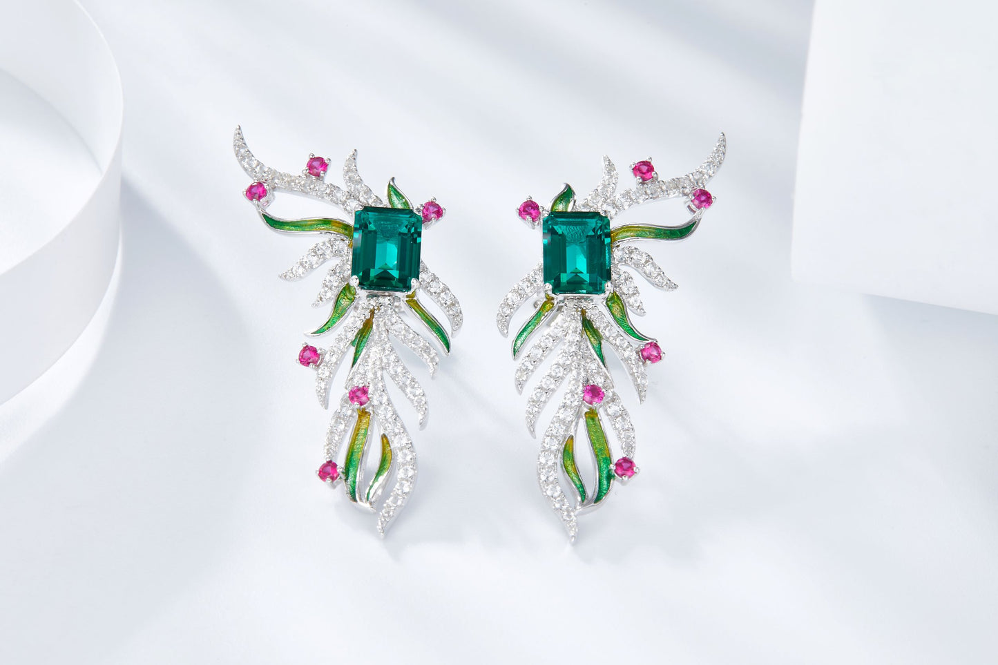 Emerald Colour Phoenix Wings Enamel Silver Drop Earrings for Women