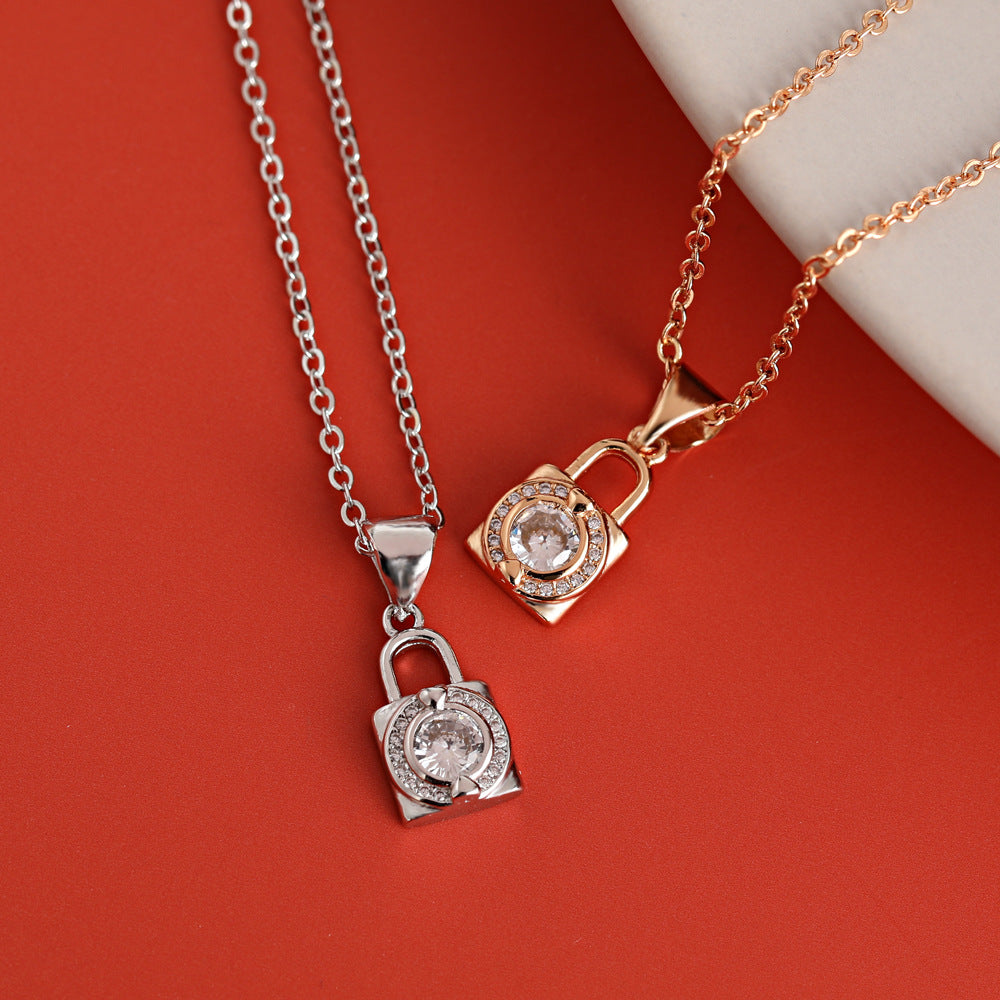 Zircon Small Lock Pendant Silver Necklace for Women