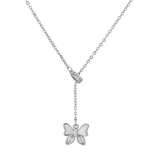 Mother-of-pearl with Zircon Butterfly Tassel Silver Necklace for Women