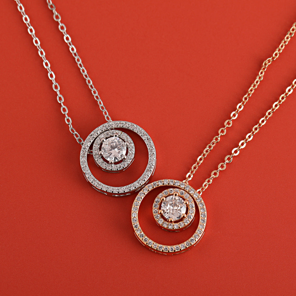 Double Circle with Round Zircon Pendant Silver Necklace for Women