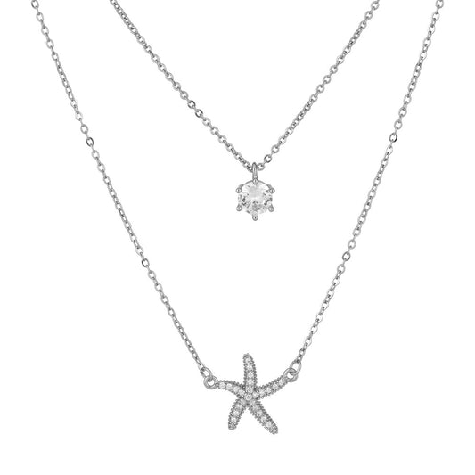 Starfish with Zircon Double Layers Silver Necklace for Women