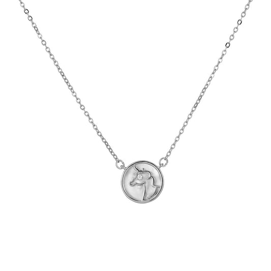 Unicorn with Zircon Mother of Pearl Circle Pendant Silver Necklace for Women