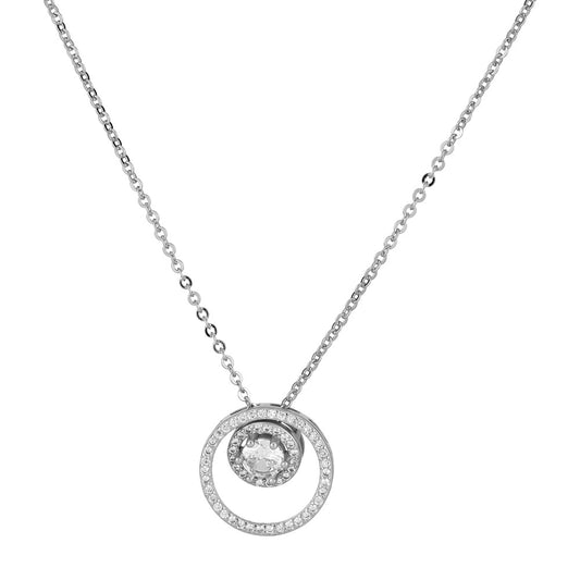 Double Circle with Round Zircon Pendant Silver Necklace for Women